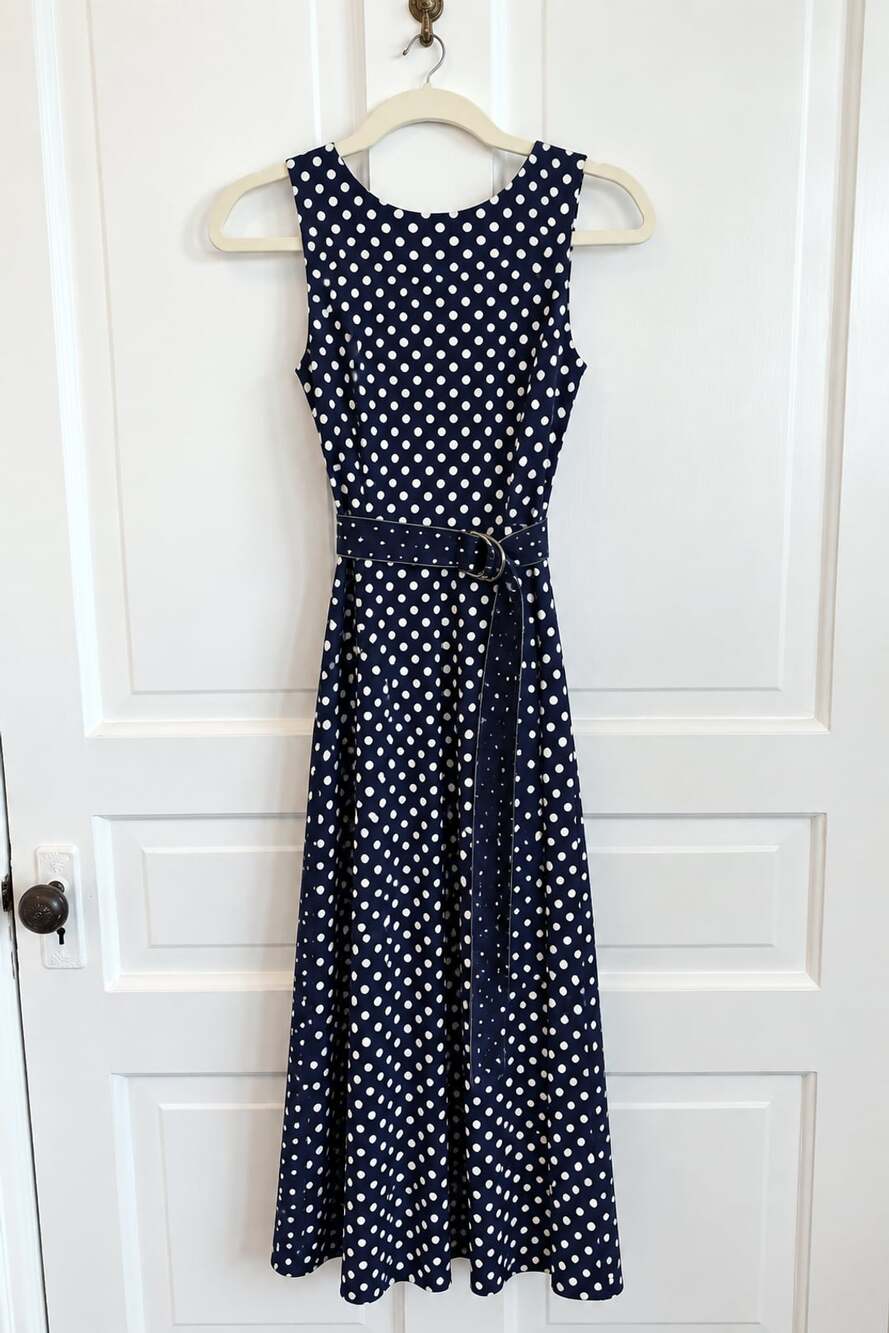 Danny And Nicole Polka Dot Midi Dress Size 4 Navy Ivory Sleeveless Belted